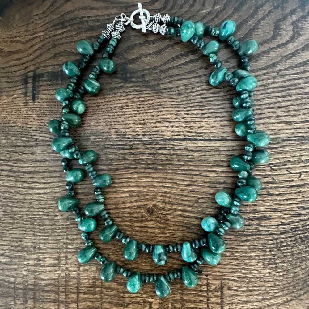 Green Agate Beaded Necklace | Double Strand Drop Beads | Toggle Clasp